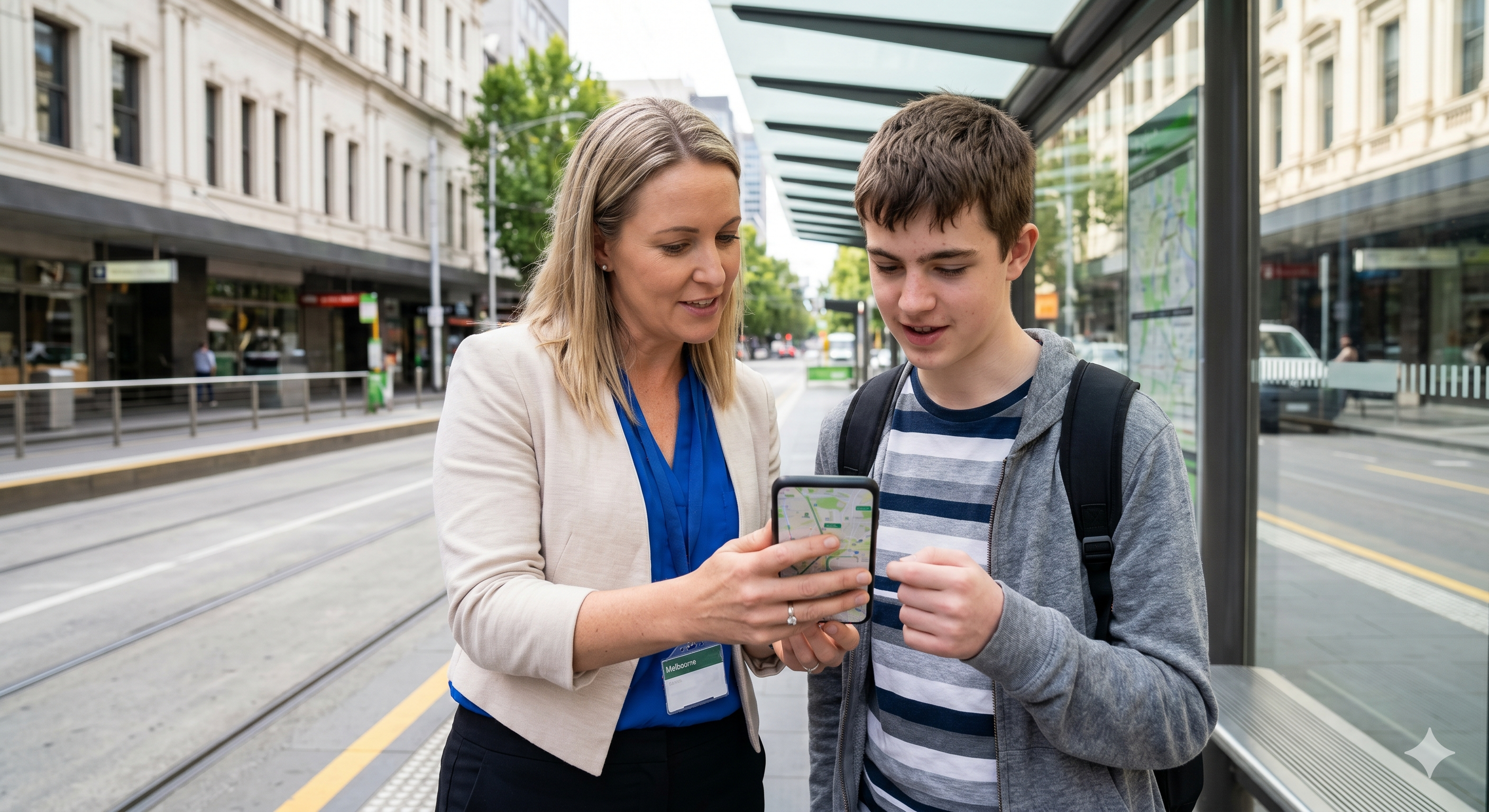 Farrah support worker helping a young person navigate Melbourne using their phone at a tram stop
